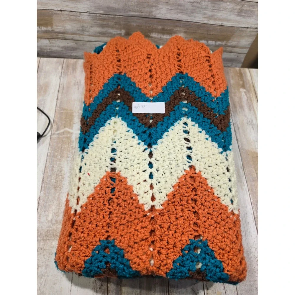 Vintage Handmade Crochet Afghan Blanket Orange Teal Brown Chevron Ripple 43x83